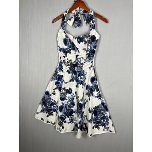 Blue Floral Halter Dress Womens 13 White Fit & Flare Rockabilly Retro Ruby Rox